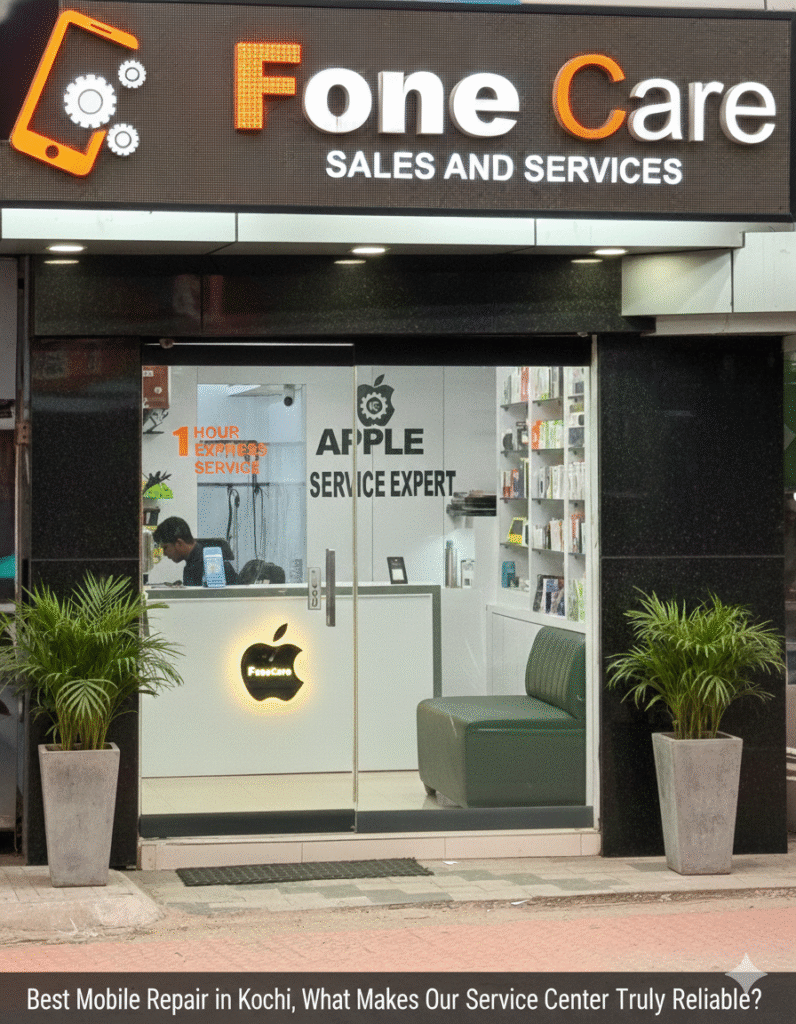 "Exterior view of the FoneCare mobile repair shop in Kochi, featuring a modern glass storefront, FoneCare logo signage, a bright interior, and a clean street scene with light foot traffic
