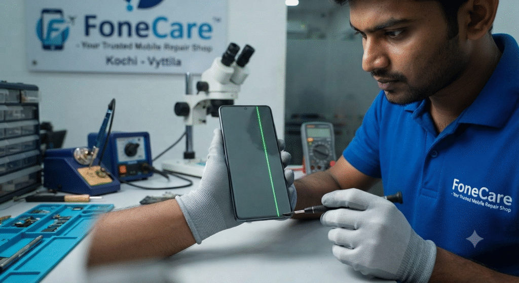 Expert technician at FoneCare Vyttila repairing a Samsung smartphone display with a green vertical line issue.