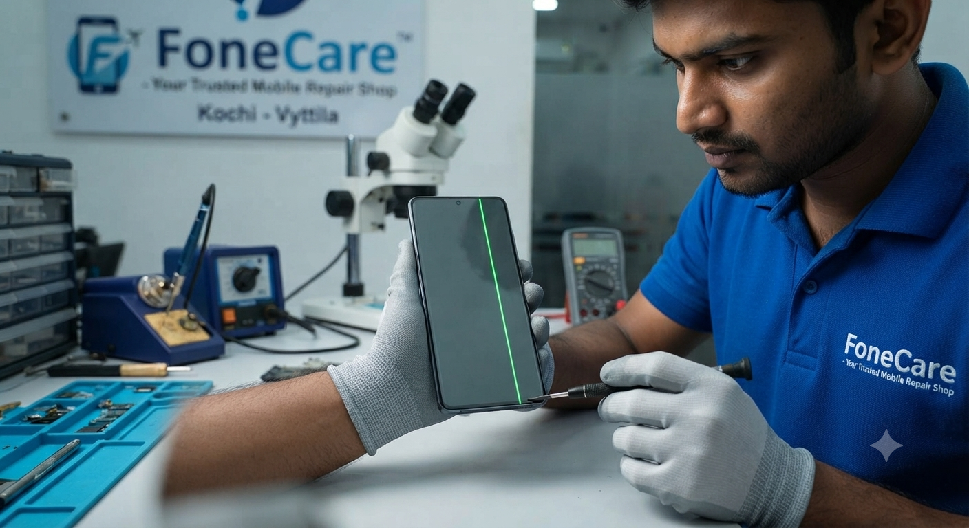 Our technicians at FoneCare Vyttila specialize in diagnosing and fixing Samsung display issues, including the green line problem