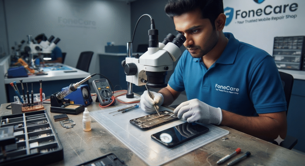 Professional technician repairing water damaged mobile phone motherboard under microscope at FoneCare service center in Vyttila, Kochi.