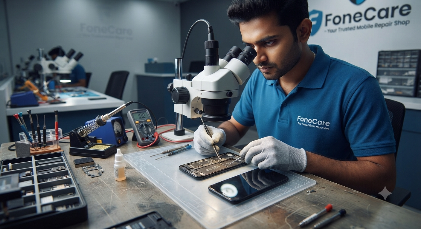 "At FoneCare Vyttila, we use advanced micro-soldering and ultrasonic cleaning to revive water-damaged smartphones."