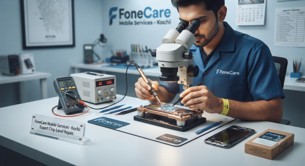 Expert technician performing micro-soldering chip-level mobile repair under a microscope at FoneCare Kochi service center